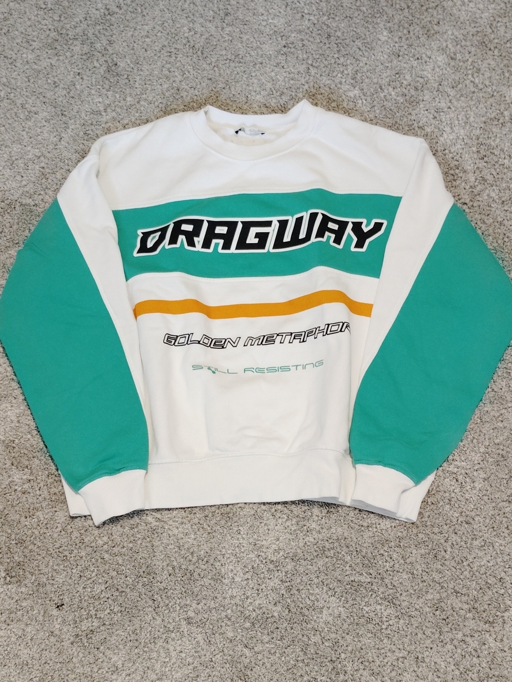 Zara White Crewneck Sweater with Teal Sleeves and Gold Stripe